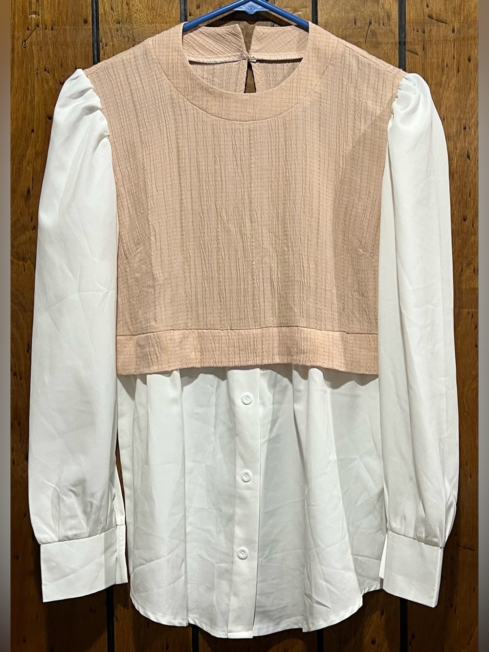Shein Size XS/2 Layered Long Puff-Sleeve Blouse in Beige and White